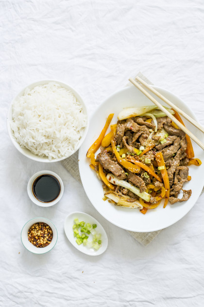 Beef stir fry with carrot and spring onion with rice (China) (gluten-free, dairy-free)