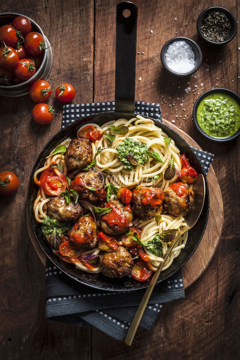 Pork and Fennel Meatballs with Spaghetti, Roast Tomato Sauce and Pesto | preview