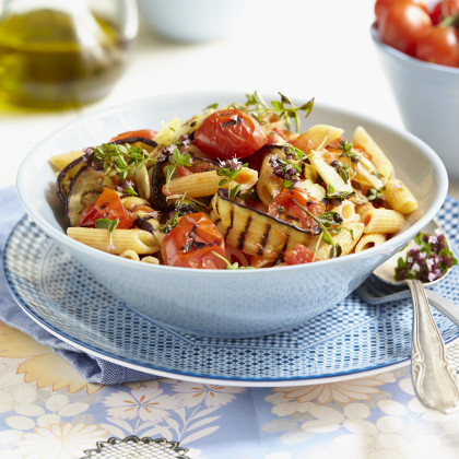Pasta with grilled aubergine, tomatoes and wild marjoram