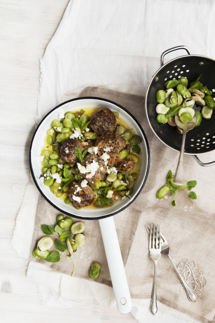 Chermoula and lamb meatballs with broad beans, feta cheese and mint (gluten-free)