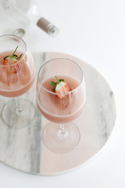 Frosé: Semi-frozen drink of rosé wine, strawberries, sugar and lemon juice