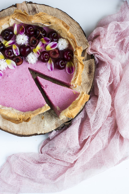 Cherry mousse tart with filo pastry