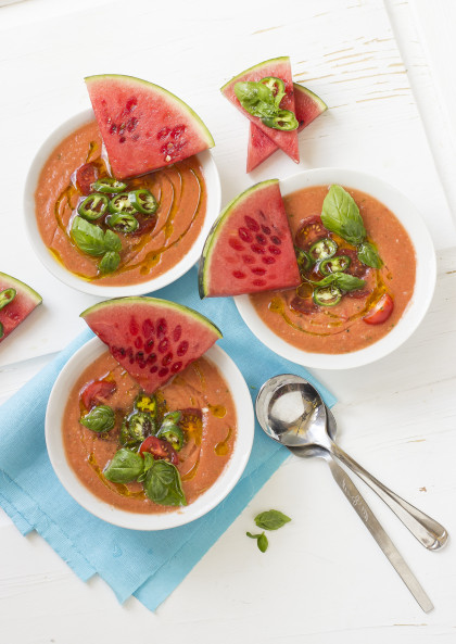 Watermelon and tomato gazpacho with cherry tomatoes, chillies, basil and watermelon slices