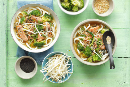 Miso soup with udon, salmon and broccoli (Japan)