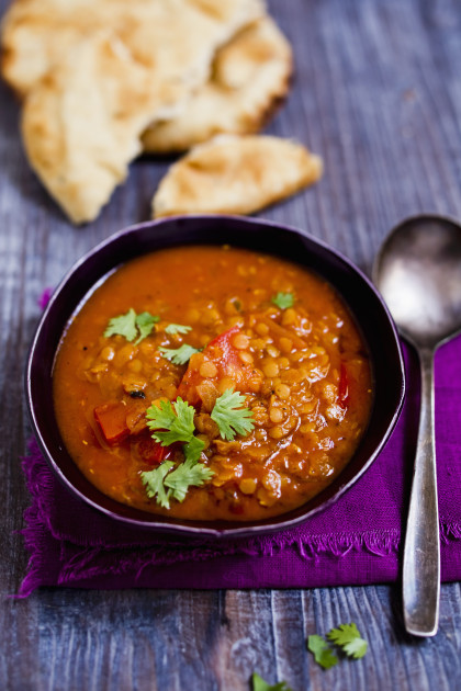 Red lentil soup with tomatoes and coriander