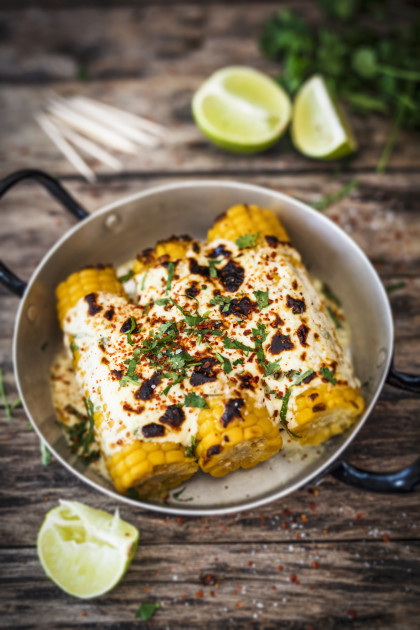 Elotes (corn on the cob with melted cheese, Mexico) (gluten-free)