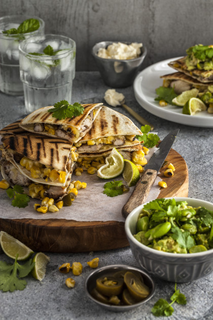 Chicken quesadillas with corn and broad bean and avocado salsa (gluten-free)