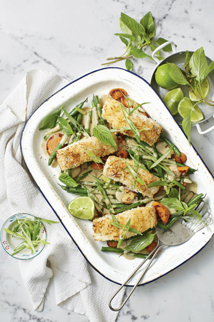 Coconut-crusted fish with thai green curry vegetables