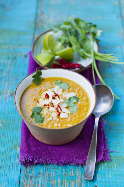 Pumpkin soup with coconut, chilli rings and coriander (Asia)