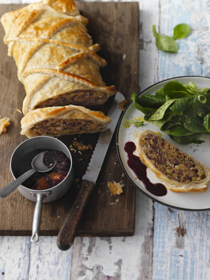 Game strudel with chanterelle mushrooms and a shallot and red wine sauce (gluten-free)