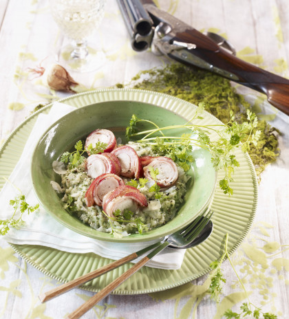 Saddle of rabbit on a bed of chervil risotto (gluten-free)