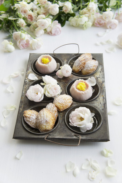 Madeleines and wagashi with roses