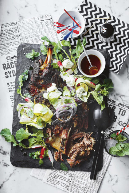 Slow cooked lamb shoulder with courgette and feta salad (gluten-free)