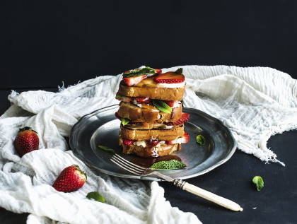 French toast tower with strawberry, cream cheese, honey and mint