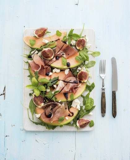 Prosciutto, melon, fig and soft cheese salad