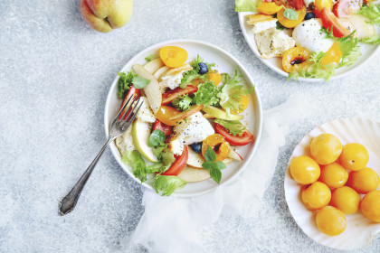 Panzanella with yellow plums, tomatoes and mozzarella