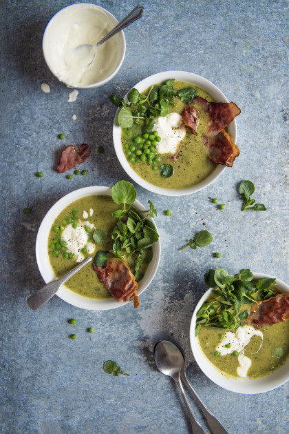 Pea and watercress soup with crispy air dried ham and cream (gluten-free)