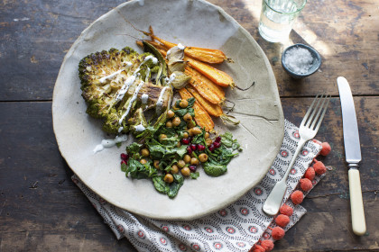 Mixed roast vegetables, Romanesco, carrots, spinach and chickpeas