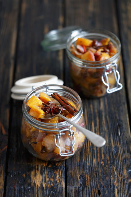 Persimmon chutney with red onions, raisins, ginger and chilli