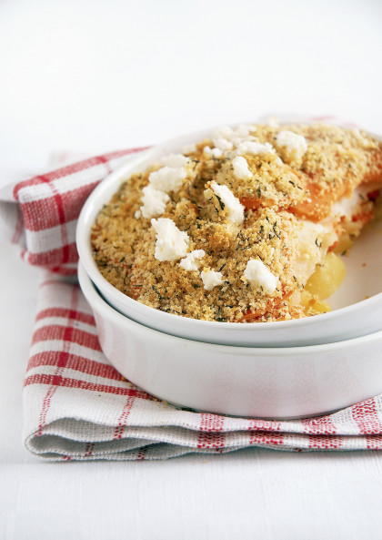 Crumble-style potato, goat's cheese and fish pie