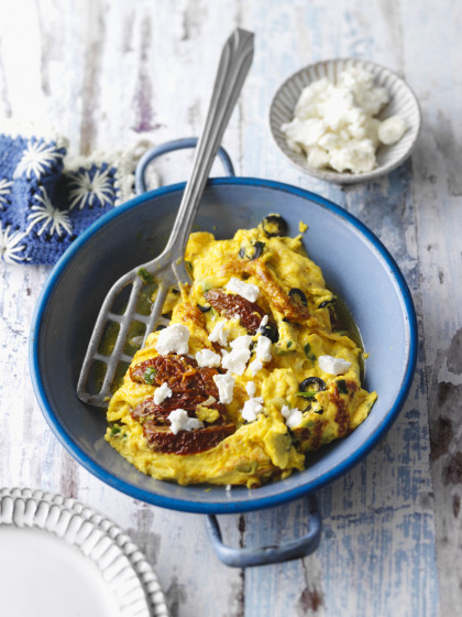 Greek-style scrambled egg with dried tomatoes and feta cheese