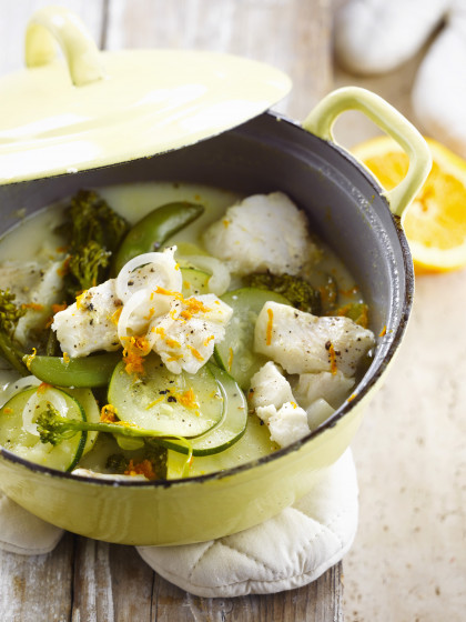 White fish, green vegetable and orange casserole