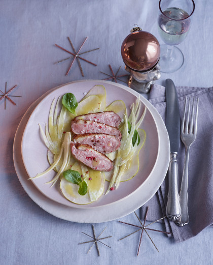 Pear and fennel salad with quince vinaigrette and roasted duck breast