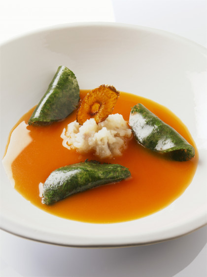 Carrot bouillon with herb jelly