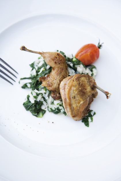 Roasted quail on a bed of spinach risotto