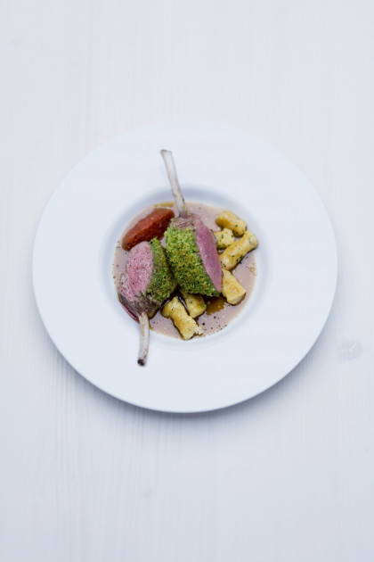 Saddle of milk-fed lamb with a salted almond crust, gorgonzola and rosemary pasta and a tamarind and