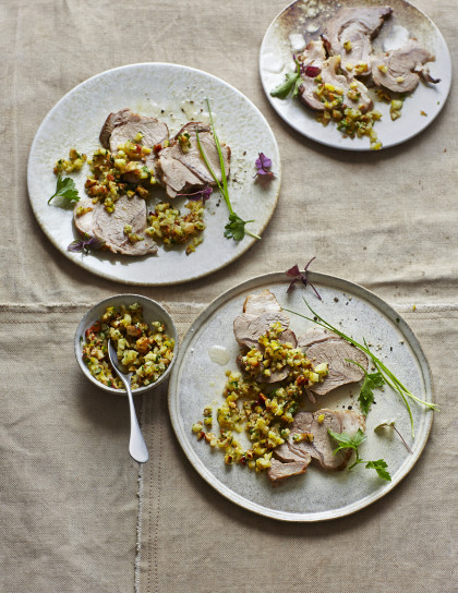 Shoulder of lamb with gremolata from smoked almonds and salted lemons