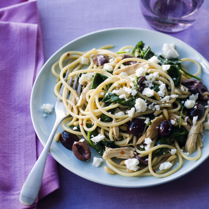 Greek Chicken Pasta with Baby Spinach and Kalamata Olives