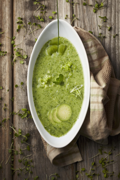 Cream of green vegetable soup with herbs