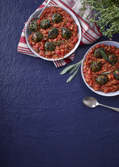 Vegetarian spinach 'meatballs' in lentil Napoli sauce