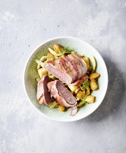 Noisette of lamb with a potato and apple medley in a hot-air fryer
