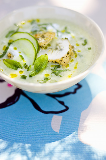 Cold cucumber soup with marinated chicken