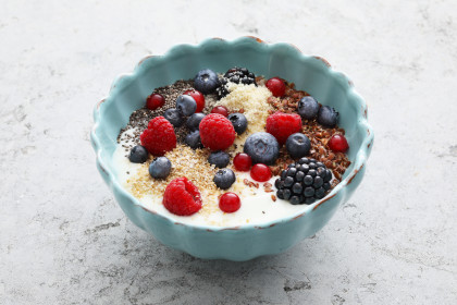 Breakfast bowl with fresh berries and chia seeds