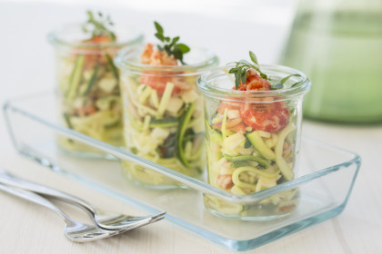 Courgette salad with crayfish, mozzarella, oregano and pine nuts