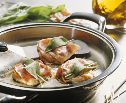 Frying veal escalope with sage (saltimbocca alla Romana)