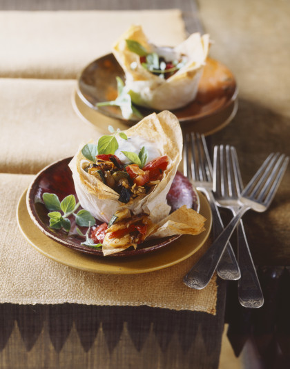 Filo pastry cups filled with an aubergine medley