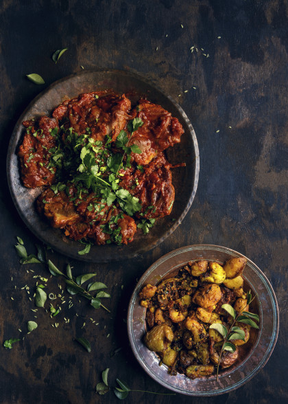 Indian pork curry with crispy spice potatoes