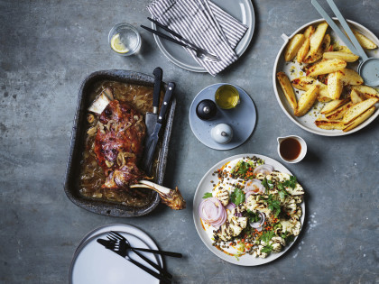 Greek slow-cooked lamb shoulder with Forty cloves of garlic, barbecued cauliflower-lentil salad
