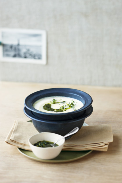 Cream of black salsify soup with pistachio pesto