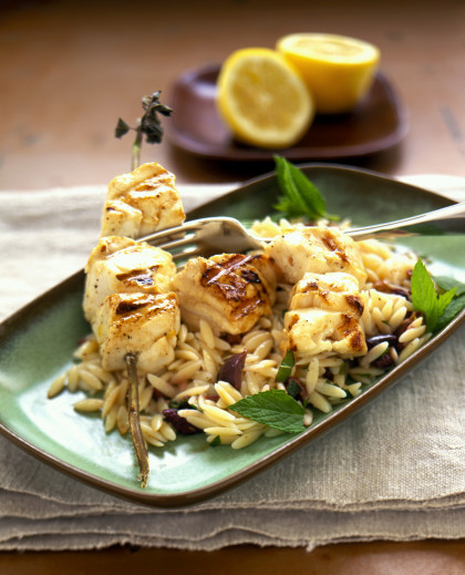 Grilled halibut on orzo