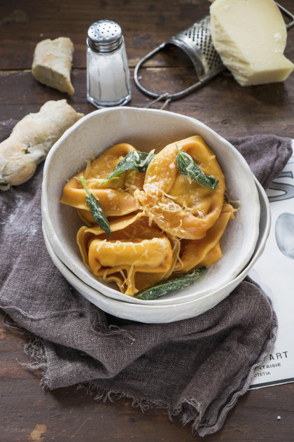 Pumpkin tortelloni with goats cheese and sage