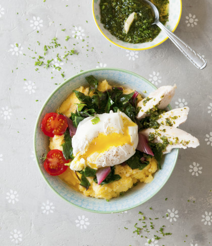 Polenta bowl with chard, a poached egg, turkey and pesto