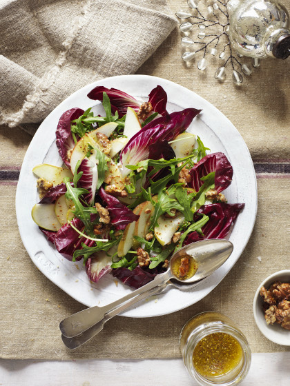 Radicchio salad with pears, rocket, candied walnuts and mustard vinaigrette