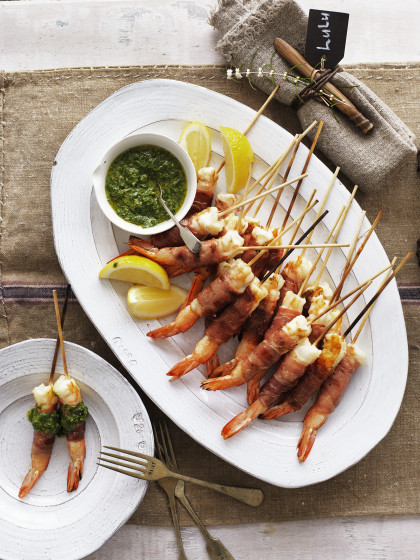 King prawns wrapped in prosciutto with salsa verde for Christmas