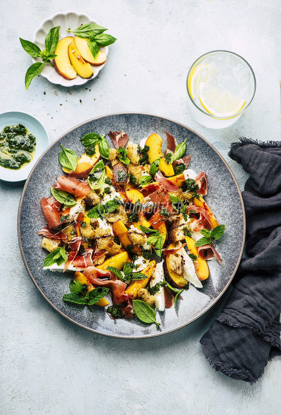 Mozzarella salad with nectarines, prosciutto and herb dressing | preview