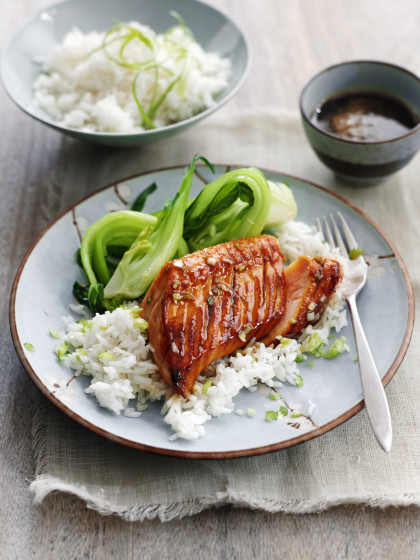 Sweet soy salmon with rice and bok choy (China)